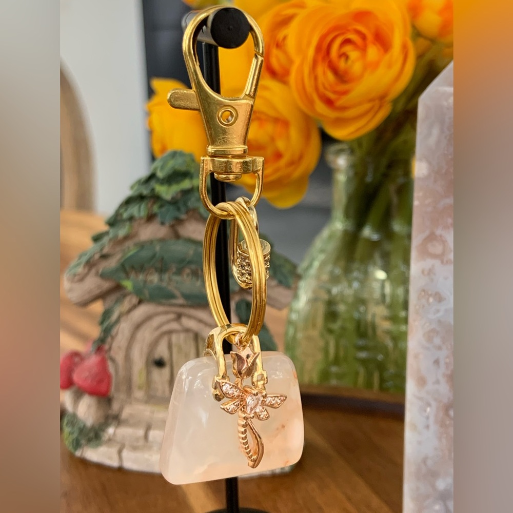 HANDMADE Flower Agate Natural Healing Stone Key Chain with Charms.